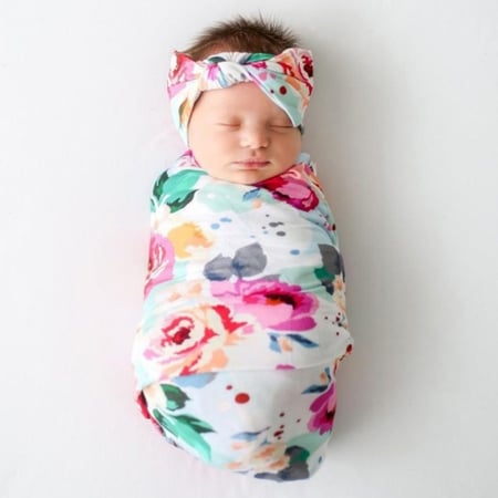 DRESHOW Newborn Receiving Blanket Headband Set Flower Print Baby Swaddle Receiving Blankets