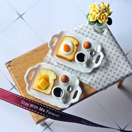 Tray Set of Coffee/ Boil Egg and Bread Dollhouse Miniatures Food Bakery