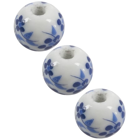 30x Flower Pattern Round Ceramic Beads 12mm Dia White+Blue J4F1 R O3M1 4/8inch
