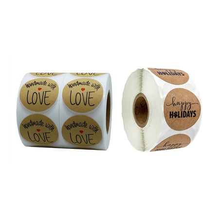 Handmade with Love Stickers 1.5" Inch Round Natural Kraft 500 Labels per roll 