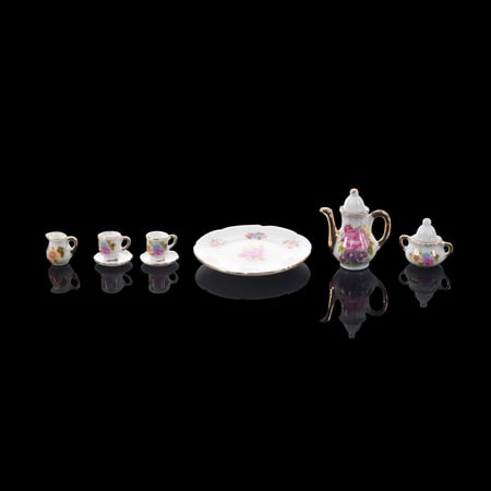 15 Dollhouse Miniature Dining Ware Pink Floral Ceramic Tea Set Pot Cup Plate