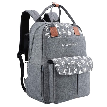 Lekebaby Diaper Bag Backpack Large Capacity with Changing Pad and Stroller Straps Unisex for Mom Gray