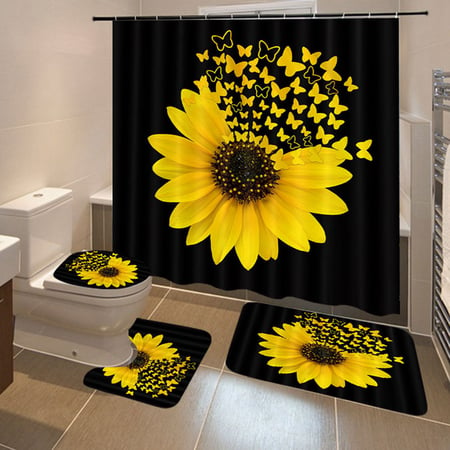 1-4Pcs Sunflower Printing Bathroom Shower Curtain Toilet Cover Mat Bath Rug Set