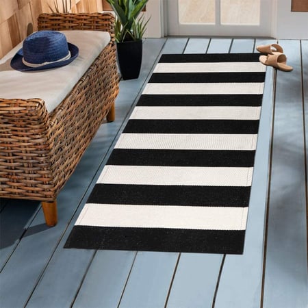 Farmhouse Layered Door Mats Carpet, Black And White Striped Rugs Outdoor
