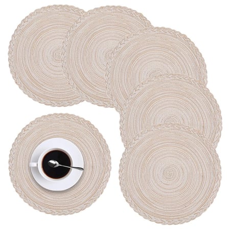 6pcs Placemats For Dining Table 14 Inch Braided Round Mats Heat Resistant Anti Skid Cotton Place 6pcs Placemats For Dining Table 14, Round Braided Cotton Placemats
