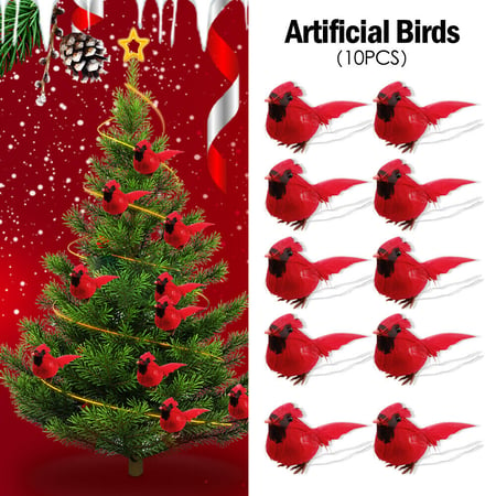 10 Pack Clip on Artificial Red Cardinals Christmas Ornaments Feathered Bird Xmas