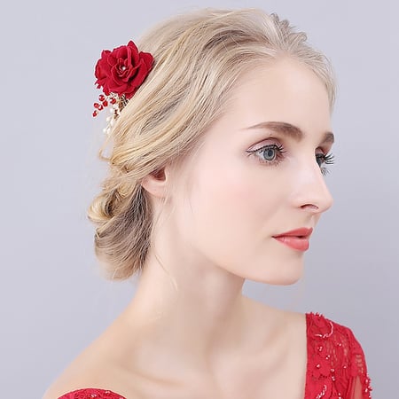 Red Rose Flower Bridal Beads Rhinestone Comb Wedding Hair Head Crystal Headpiece