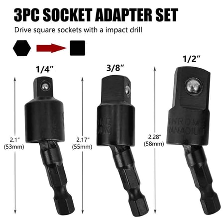 3 Pc Power Socket Extension Bar Wobble Drill Bit Adapter Set 1/4" 3/8" 1/2"