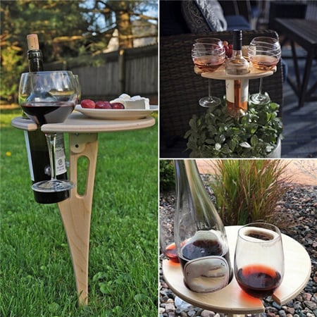Outdoor Foldable Wine Table with Round Desktop Mini Wooden Easy To Carry.