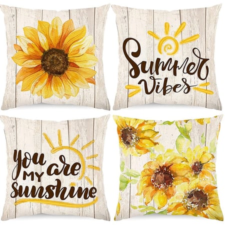 Set Of 4 Sunflower Flower Decorative Throw Pillow Covers 20x20 Inch Plant Pillow Covers Cotton Line Square Pillow Cases Summer Flower Outdoor Sofa Couch Home Bed Decor Cushion Covers 20 by 20 