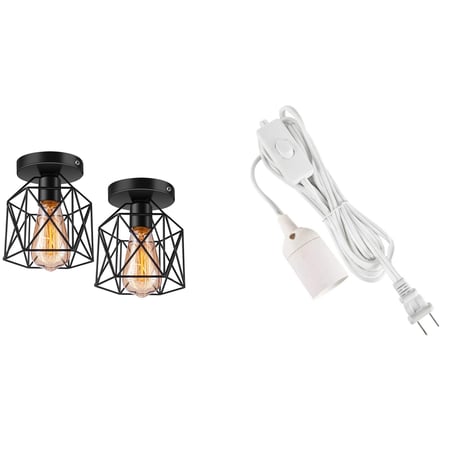 2pack Semi Flush Mount Ceiling Light E26 With Extension Hanging Lantern Cord Cable 15ft Ul 360w Us Plug - Plug In Flush Mount Ceiling Light