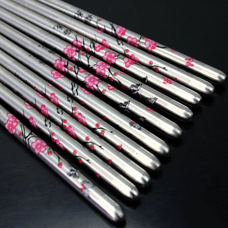 5 Pairs Chinese Plum Blossom Flower Print Portable Stainless Steel Chopsticks 