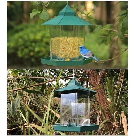 Green Pavilion Bird Feeder Plastic Hanging Bird Food Container Garden Decor