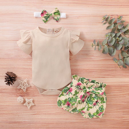 Newborn Kids Baby Girls Outfits Clothes Romper Bodysuit+Flower Print Shorts Set 