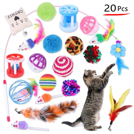 Cat Toys Interactive 20Pcs Kitten Toys Indoor Cat Tunnel Cat Feather Teaser Cat Chew Toys Cat Catnip Toy Crinkle Balls for Indoor Cats