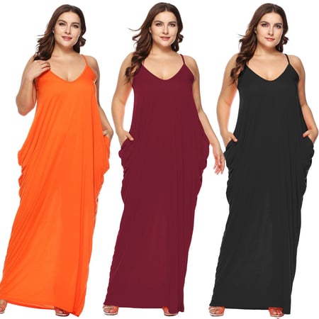 ZOMUSA Womens Plus Size Casual V Neck Sleeveless Pockets Ankle Length Dress Party Dress