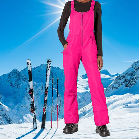 Women Insulated Bib Overalls Solid Color Pocket One-Piece Suspenders Snow Pants Winter Outdoor Sports Jumpsuit Trousers