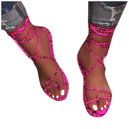 2019 Womens Summer Sandals Canvas Peep Toe Shoes Open Toe Lace-up Flats Beach Casual Flip Flops m433