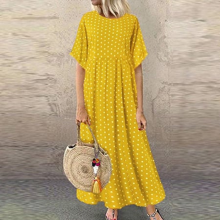 Women Boho Long Maxi Dresses Polka Dot Loose Fake Two-piece Cotton Linen Dress