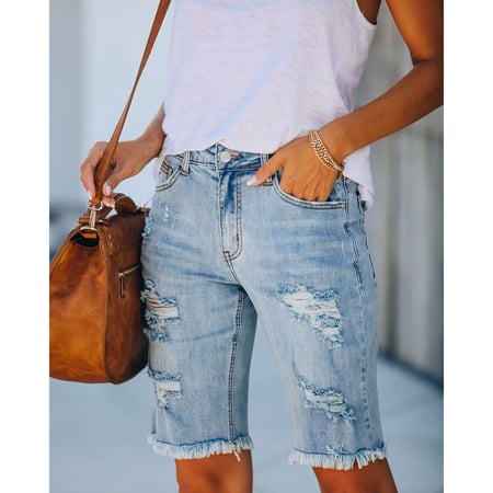 Women Blue Denim Jeans Solid Casual Hole Summer Button Mini Hot Shorts M 