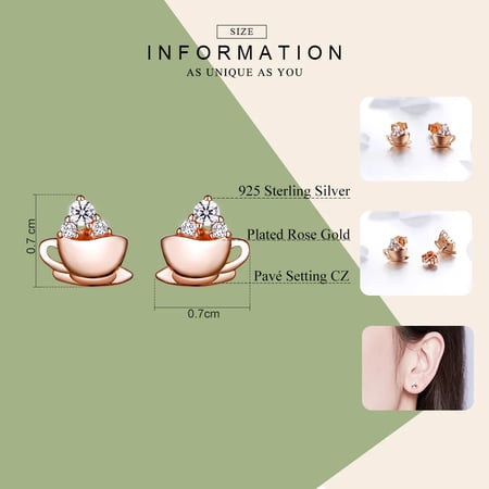 Coffee Cups Stud Earrings 925 Sterling Silver Dazzling Zircon Rose Gold Small Earrings For Women Delicate Jewelry CQE592