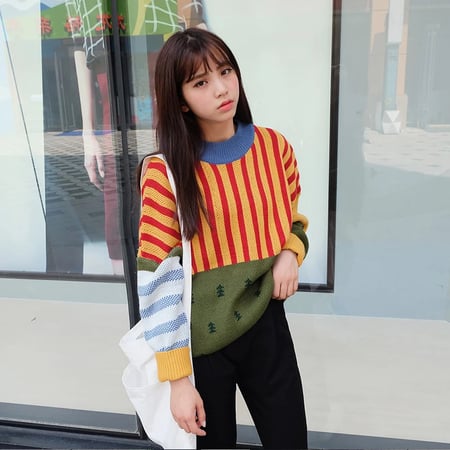 New Winter Sweaters Woman Vintage Hit Color Stripe Loose Pullover Female Casual Jumpers 