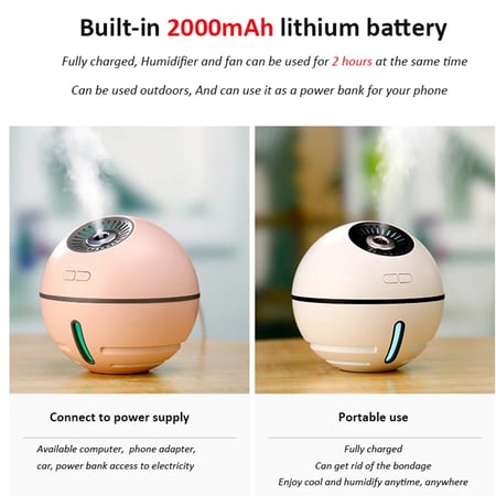 Battery 2000mA LED Ball Humidifier Air Purifier office Diffuser MINI Fan 300ml
