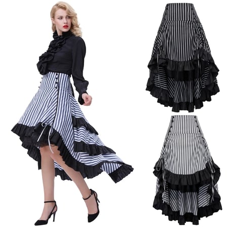 Belle Poque Women Vintage Victorian Ruffle High-Low Skirt Steampunk Gothic Dress