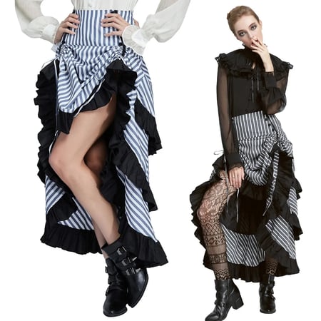 Belle Poque Women Vintage Victorian Ruffle High-Low Skirt Steampunk Gothic Dress