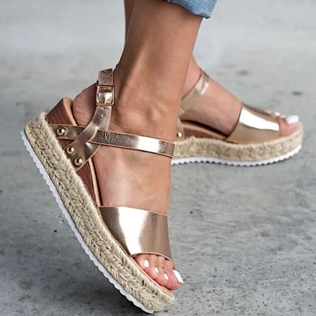 Women Summer Fashion Sandals Buckle Strap Wedges Retro Peep Toe Sandals 