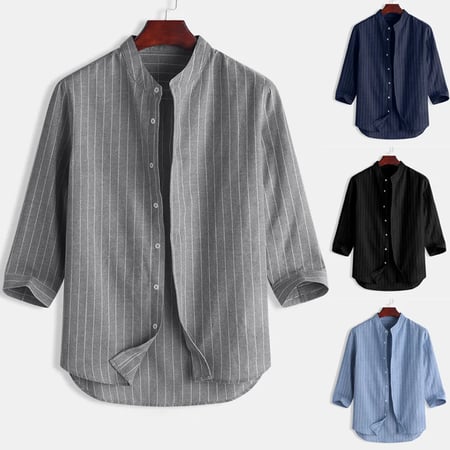 Summer Mens Casual Striped Stand Collar 7 Points Sleeve Button Cotton Shirt Top 