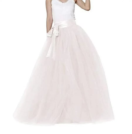Women Wedding Long Maxi Puffy Tulle Skirt Floor Length A Line with Bowknot Belt High Waisted for Wedding Party Evening 