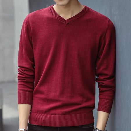 Men V Neck Solid Color Knitwear V-Neck Long Sleeve Sweater Pullover Shirt Autumn