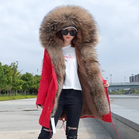 Women Large Real Raccoon Fur Collar /& Lined Coat Winter Long Parka Warm Jacket