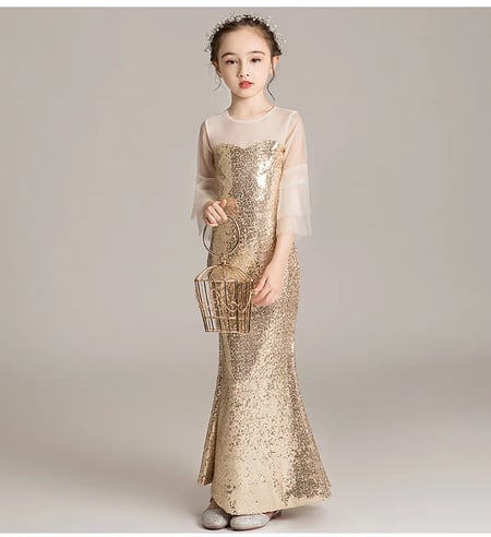 Gold Girl Wedding Dress Sequined Sexy Slim Mermaid Party evening hostess Dresses Gown Catwalk Costume Kids Clothes Vestidos - buy Gold Wedding Dress Sequined Sexy Slim Mermaid Party evening hostess Dresses