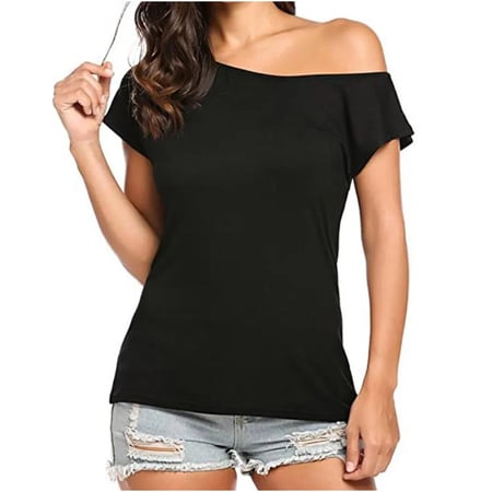 Black Summer T Shirt Women Short Sleeve Cold Shoulder Loose Fit Pullover Casual Top