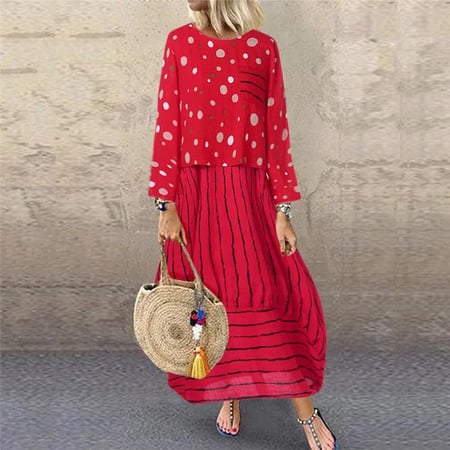 Womens Boho Long Maxi Dresses Polka Dot Loose Fake Two-piece Cotton Linen Dress
