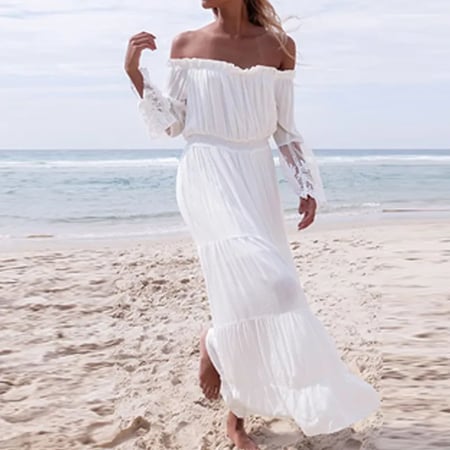 Off Shoulder Long White Chiffon Summer Dress Beach Dress, 54% OFF