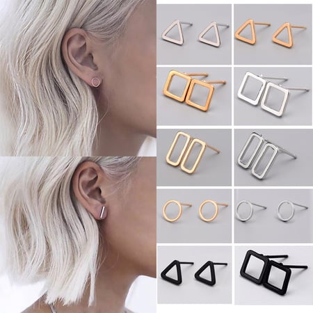 Gold Silver Color Simple T Bar Round Circle Triangle Rectangle Shaped Earrings Women Stud Earrings Jewelry