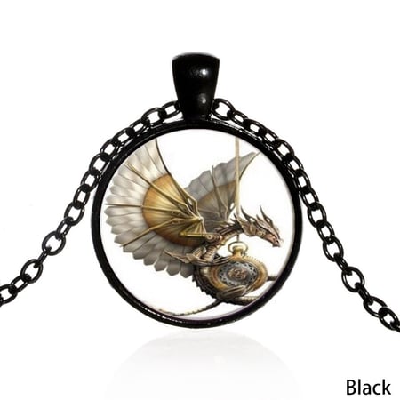 Vintage Steampunk Dragon Photo Cabochon Glass Bronze Pendant Necklace Jewelry
