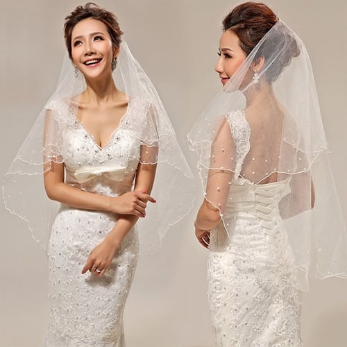 Pearl Wedding Dress Veil Layers Tulle Ribbon Edge Bridal Veils Women Accessories 