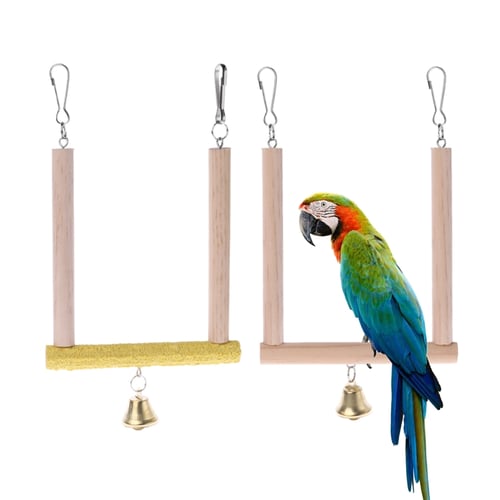 Birds Perch Parrot Play Toys Stand Holder natural Wooden Swing Bell Cage Hanging 
