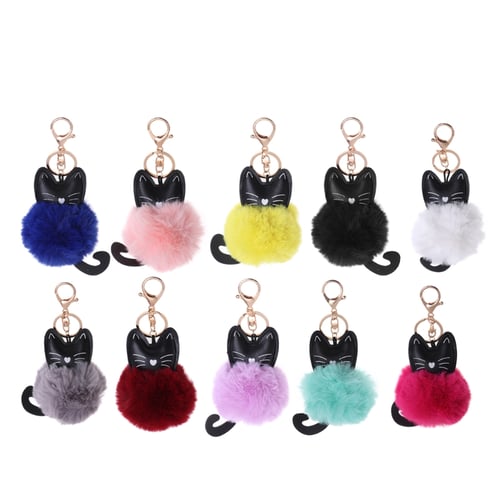 Fluffy Faux Rabbit Fur Pom Ball Keychain Cartoon Cat Keyring Bag Pendant Decor 