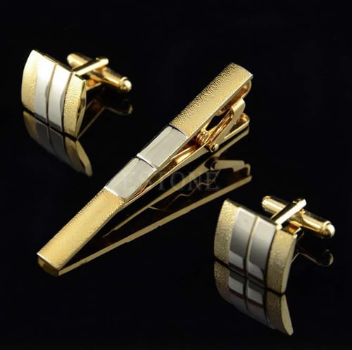 Fashion Silver Gold Men's Necktie Tie Bar Clasp Clip Cufflinks Set Simple Gift 