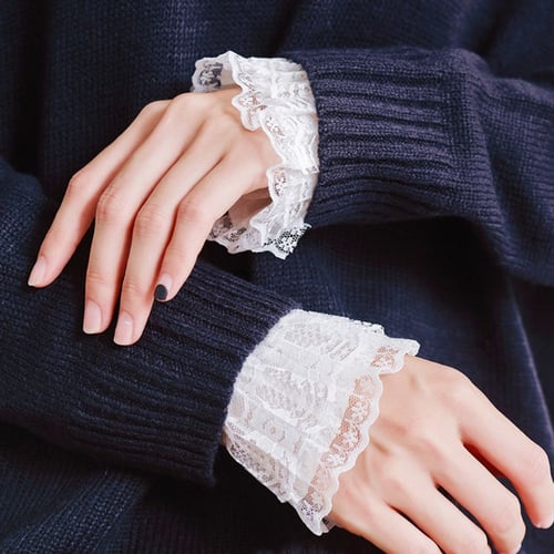 White lace Haptian 2Piecs/Pair 4 Styles Women Girls Fake Flare Sleeves Floral Lace Pleated Ruched False Cuffs Sweater Blouse Apparel Wrist Warmers With Faux Pearl Button 