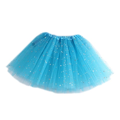 Girls Multi Layered Ballet Skirt Glitter Stars Sequins Satin Elastic Waistband 