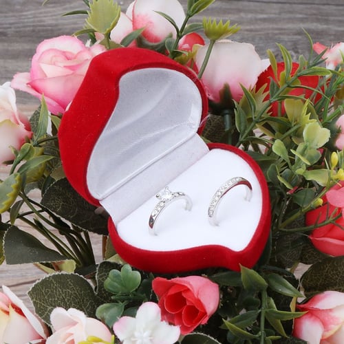 1 Pc Red Rose Heart Shaped Ring Earring Display Jewelry Box Gift Velvet Storage 