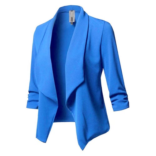 Womens Three-Quarter Sleeve Office Lapel Coat Open Front Cardigan Jacket Solid