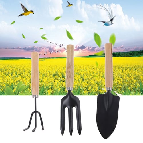 3Pcs/set Mini Spade Shovel Harrow Potted Wooden Handle Plant Gardening Tools 