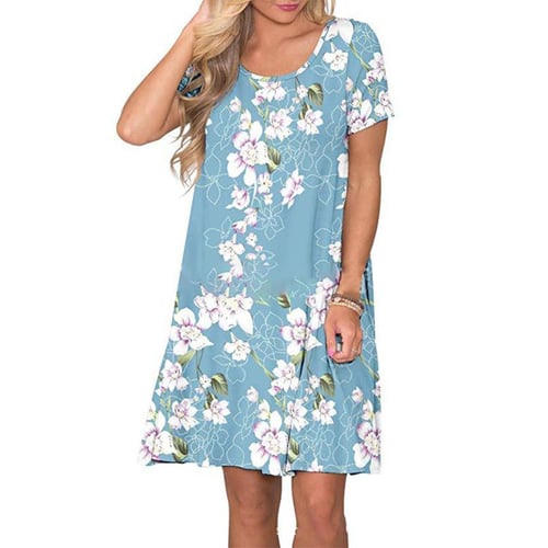 Women Short Sleeve Summer T-Shirt Dress Floral Print Sundress Long Shirt Dress 